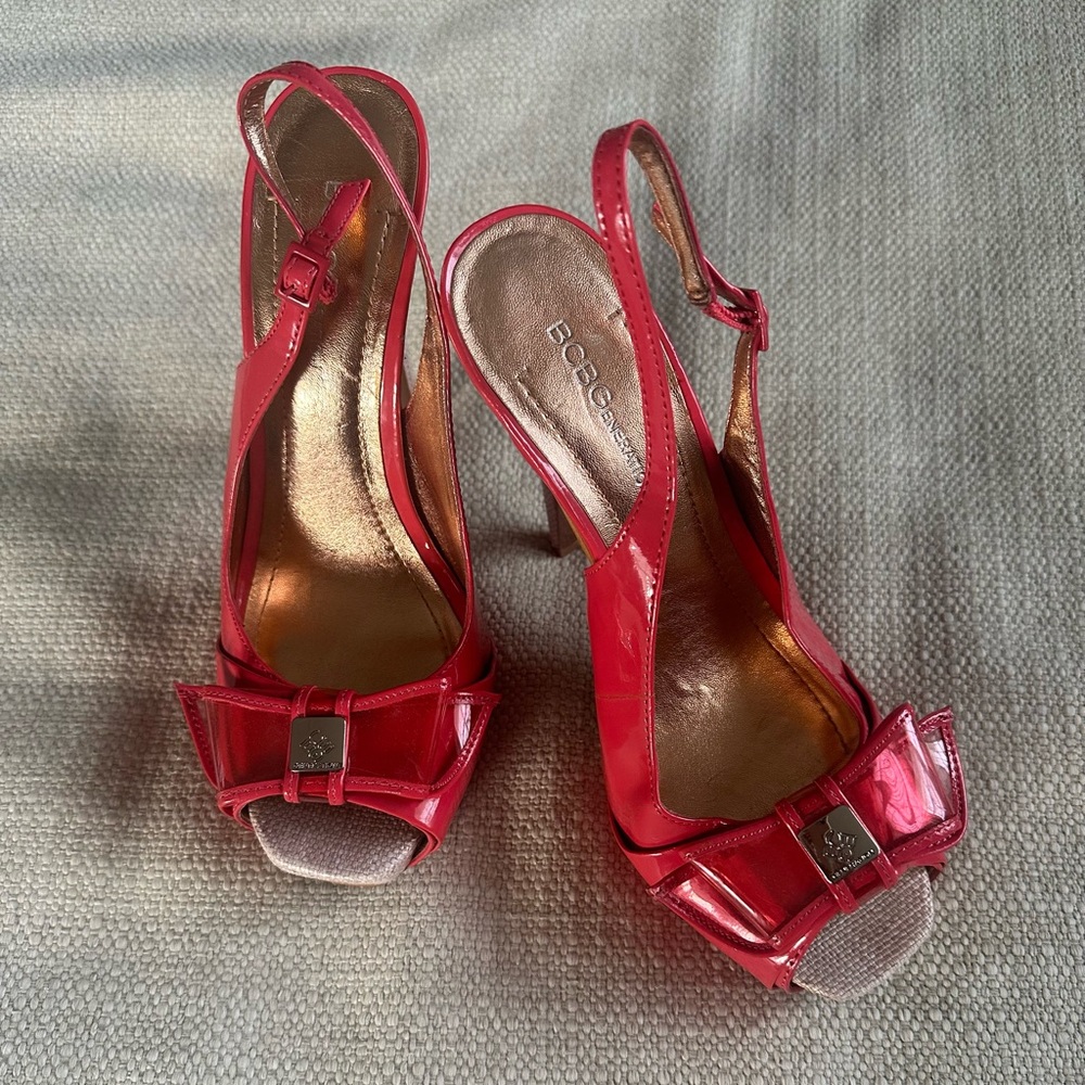 BCBG  Coral Angelo Patent Leather Bow Peep-Toe Heels